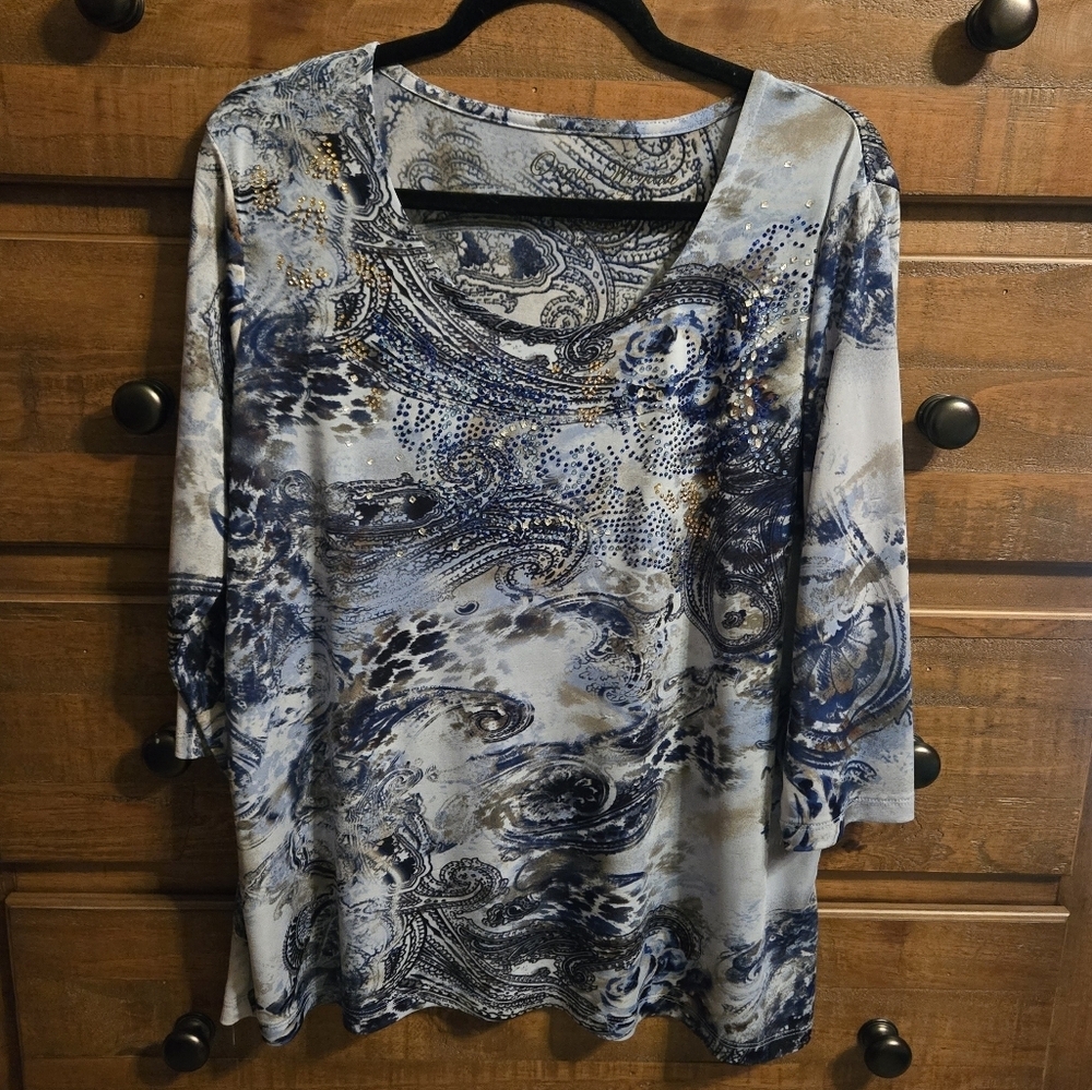 Onque Woman Blue Embellished Sparkle 3/4 Sleeve Size 1X